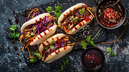Vegan Bao Buns With Bbq Pulled Mushrooms Filling Served With a Spicy Dipping Sauce
