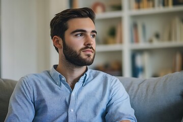 Thoughtful man sitting in a living room