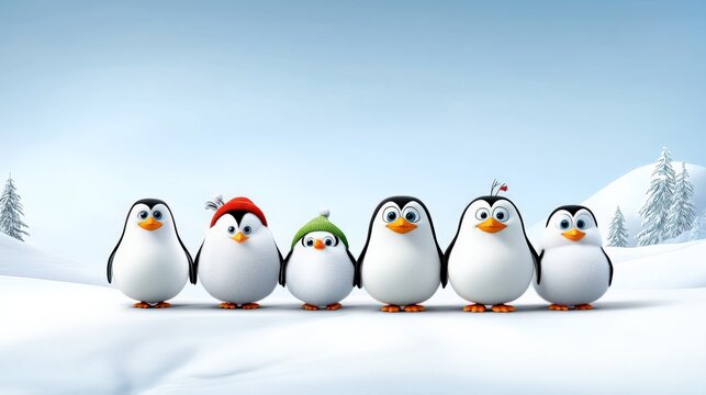 Fototapeta Penguin Party in the Snow: A whimsical and adorable group of cartoon penguins huddled together in the snow, capturing the essence of winter joy and camaraderie.  