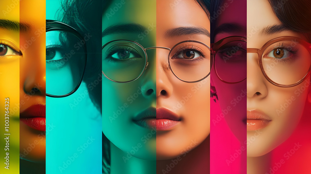 Poster Colorful Portrait with Glasses and Lips - Beauty, Fashion, and Style