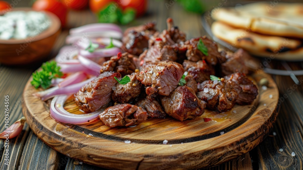 Poster Part of the wooden board with fried beef meat with red onion rings sauce and pita bread on the wooden table close up perspective view shallow depth of field Meat in focus