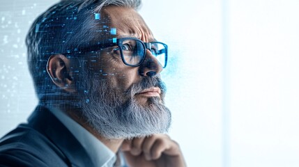 A business executive in deep thought, surrounded by floating digital interfaces showing real-time analytics and futuristic data projections, set against a white background, 