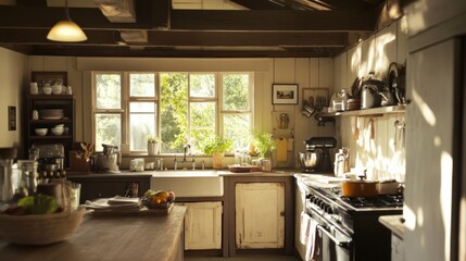 Rustic Kitchen with Warm Sunlight