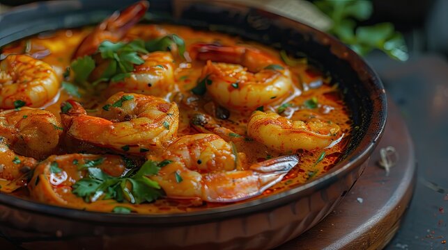Shrimp masala fish curry Chemmeen curry in coconut milk tiger Prawns balchao Curry Spicy Kerala fish curry Indian seafood non veg food side dish rice appam Goan Tamil Nadu Bengal Sri Lankan