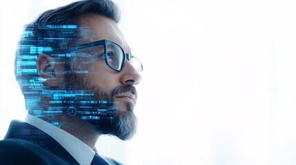 A business executive in deep thought, surrounded by floating digital interfaces showing real-time analytics and futuristic data projections, set against a white background, 