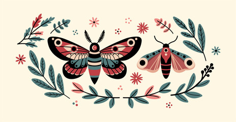 Vector Illustration of Folk Art Style Moths and Floral Elements in Pastel Color Palette