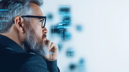 A business executive in deep thought, surrounded by floating digital interfaces showing real-time analytics and futuristic data projections, set against a white background, 