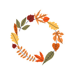 Autumn round botanical wreath with fall leaves, berries, branchlets. Vector autumn illustration. Hand drawn illustration for poster, prints, cards
