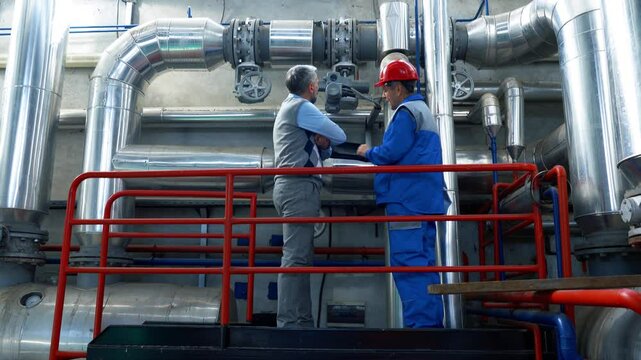 Production Manager and Maintenance Worker Having Conversation at District Heating Plant. Worker Using Digital Tablet and Talking to Supervisor. Factory Interior with Large Piping. Global Energy Crisis
