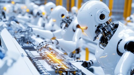 Fototapeta premium Futuristic Robots Working in Automated Manufacturing Line