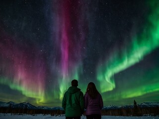 A family enjoys the colorful aurora borealis with vibrant green and purple lights in the night sky.