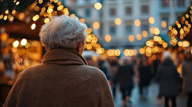 Solitude, loneliness during Christmas. Elderly woman standing alone in city square during Christmas holidays, looking to happy people. Woman feels lonely celebrating Christmas