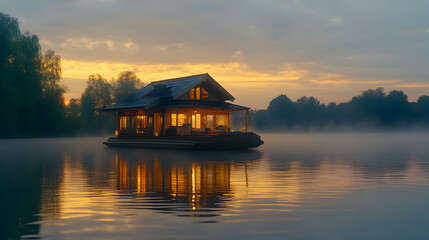 Fototapeta premium Floating Home on a Tranquil Lake at Dawn