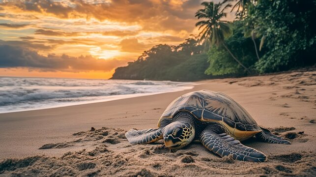 A turtle laying eggs on a protected beach, symbolizing wildlife conservation efforts and eco-tourism