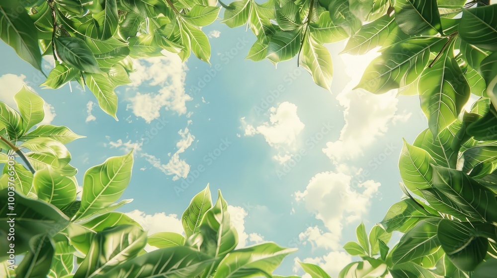Poster lush green leaves bask in the open sky a canopy of leaves reaches for the vastness of the sky