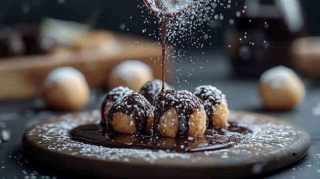 Mini Timbits served with a drizzle of chocolate sauce and dusting of powdered sugar, elegant yet playful presentation, Timbit, gourmet snack photography