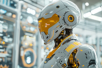 Fototapeta premium robot and virtual hologram screen showing concept of big data analytic