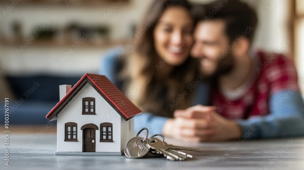 Poster A couple is laying on a table with a model house and a set of keys