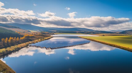 A solar farm reflected in a nearby lake, illustrating the harmony between renewable energy and nature