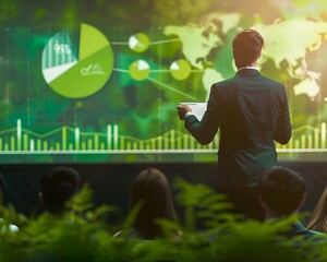 Businessman Presenting Green Business Plan with Eco Friendly Data Visualizations to Audience