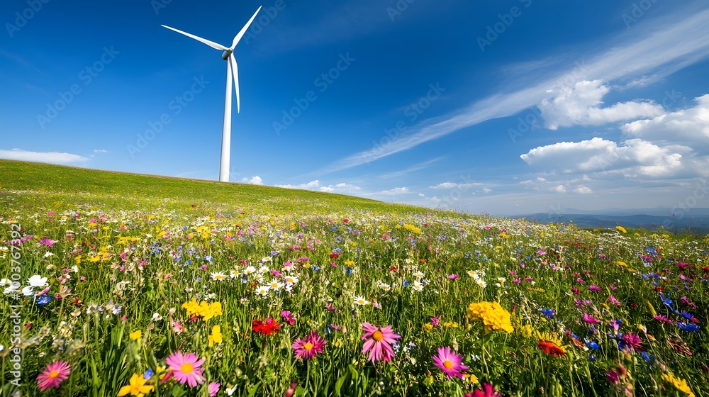 Wall mural a wind turbine turning in a field of wildflowers, representing the harmony between renewable energy 