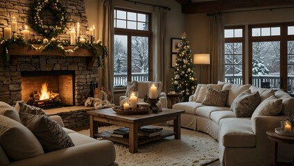 A festive winter living area decorated for Christmas with a snowy backdrop.