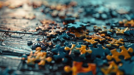 Partially solved jigsaw puzzle with scattered puzzle pieces on the table