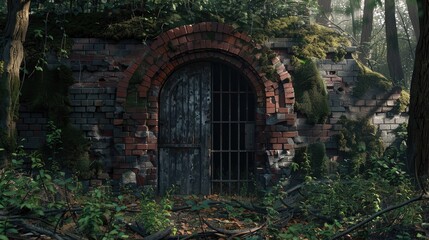 Entrance to an old brick bunker in the woods with a metal door