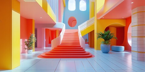 A modern interior with a pink staircase and colorful walls.
