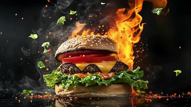 fresh beef cheeseburger sandwich with flying ingredients and spices hot ready to serve and eat