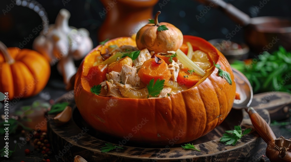 Poster pumpkin stuffed with chicken and carrots with celery toning selective focus