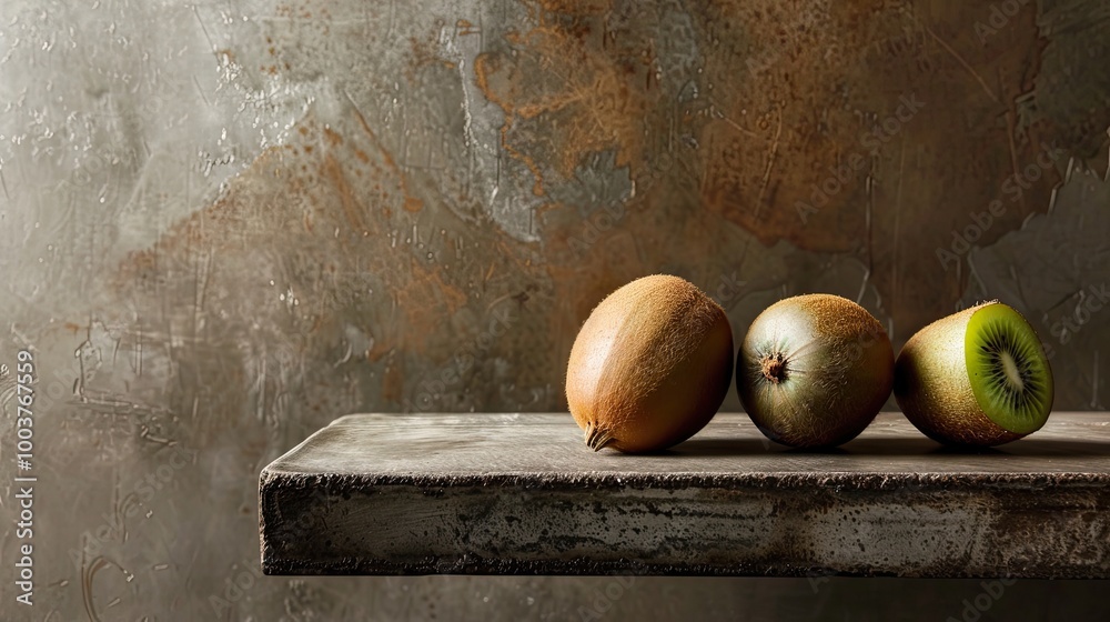 Aufkleber Three Varieties of Kiwi Fruit on a Table Horizontal with Copy Space