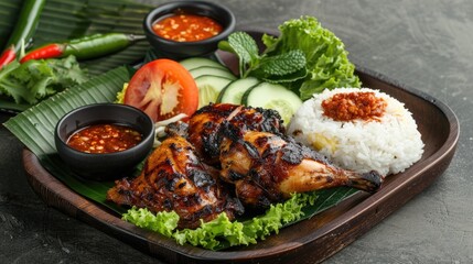 Grilled chicken served with rice chili paste slice of cucumber tomato and lettuce leaves Nasi ayam bakar lalapan sambal authentic recipe of Indonesian grilled chicken with bamboo tray