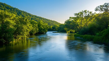 A scenic river surrounded by lush greenery, symbolizing the need for water conservation and habitat protection