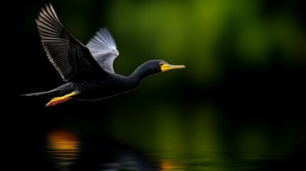 Obraz premium Cormorant in Flight: A black cormorant with a yellow beak takes flight over a tranquil body of water, its wings outstretched against a soft green and yellow blurred background.