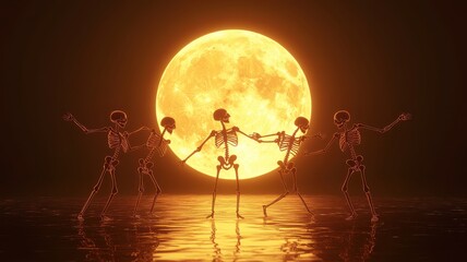Four skeletons dancing under a large glowing moon at night.
