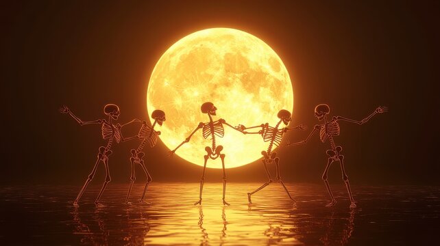 Four skeletons dancing under a large glowing moon at night.