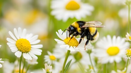 A close-up of a bee pollinating flowers in a wildflower meadow, emphasizing the importance of biodiversity and pollinator conservation