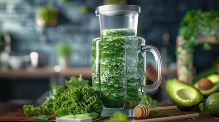 Healthy green smoothie avocado and kale mixed fruits yogurt and honey in portable blender Kale is considered a superfood because it s a great source of vitamins and minerals