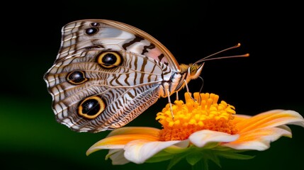 Fototapeta premium Butterfly Oasis: A captivating close-up of a striking owl butterfly delicately perched on a vibrant orange flower, showcasing intricate wing patterns and a serene moment in nature.