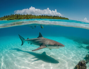 Fototapeta premium A solitary shark gliding through crystal-clear turquoise waters near the shoreline, illustrating the serene yet powerful presence of marine life in nature 