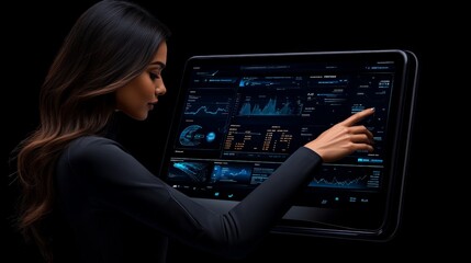 Data Analyst at Work:  A focused businesswoman interacts with a large monitor displaying complex data visualizations, highlighting her expertise and dedication in the digital realm.
