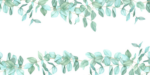 Green eucalyptus leaves arranged in a horizontal border across the top and bottom of the label. Seamless border, watercolor clipart for home decor accents, business cards, or product labels