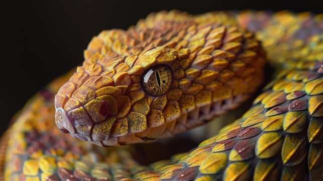 Close up of a venomous African Bush Viper snake Atheris squamigera