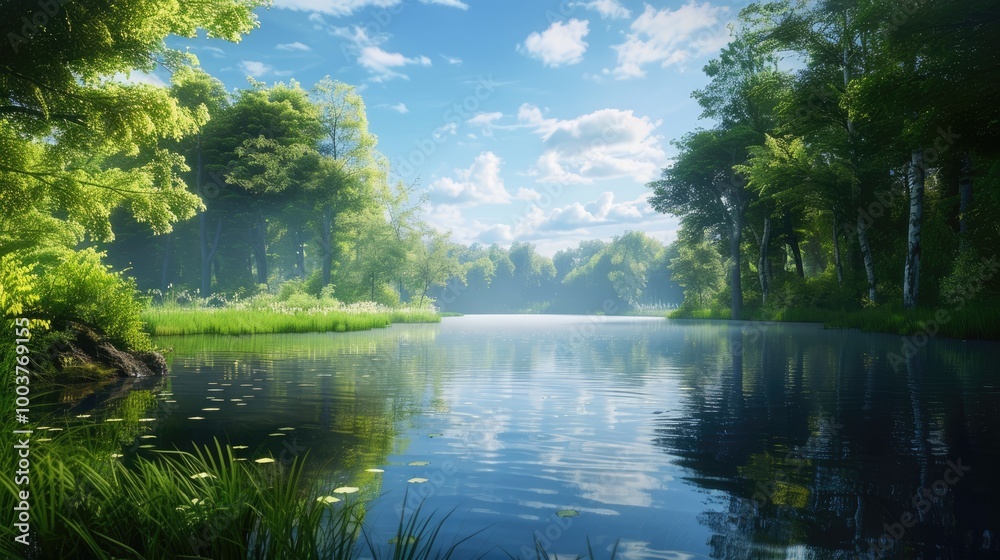 Aufkleber the image depicts a tranquil riverside scene where the calm waters mirror the lush greenery and clea