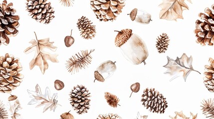 Obraz premium A cluster of acorns and pine cones on white background, drawing pattern