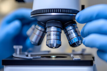 顕微鏡での精密な科学的観察。ラボでの研究と検査