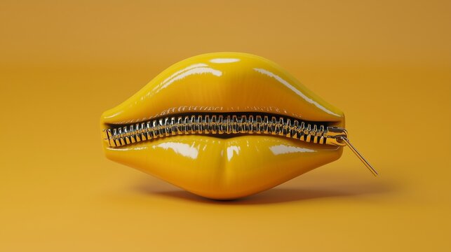 A zipper-mouth emoji with a closed zipper for lips, its yellow surface gleaming under soft studio lighting.