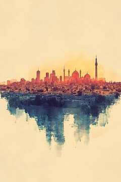 Erbil, Iraq, color pen pencil hand-drawn effect drawing illustration for travel poster, card, wallpaper, backdrop or banner. Modern, clear, artistic and simple