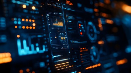 Fototapeta premium Digital dashboard in a high-tech control room, AI-driven graphs monitoring food quality, sleek holographic UI, sharp blue neon lights, 3D futuristic interface